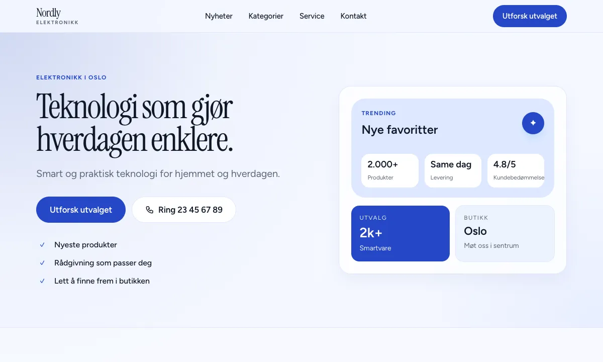 Forsiden til Nordly Elektronikk med moderne produktkort og kategorier