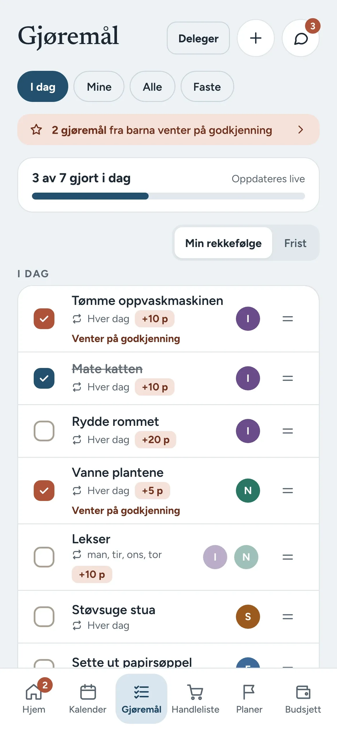 Samla på mobil: Gjøremål med poeng per oppgave og ventende godkjenning
