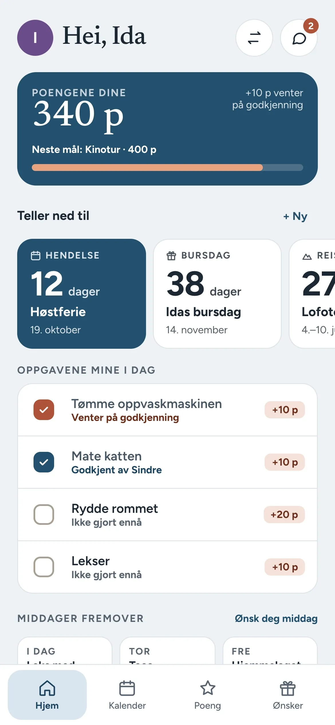 Stua barneprofil: poengsaldo, neste mål og egne gjøremål.