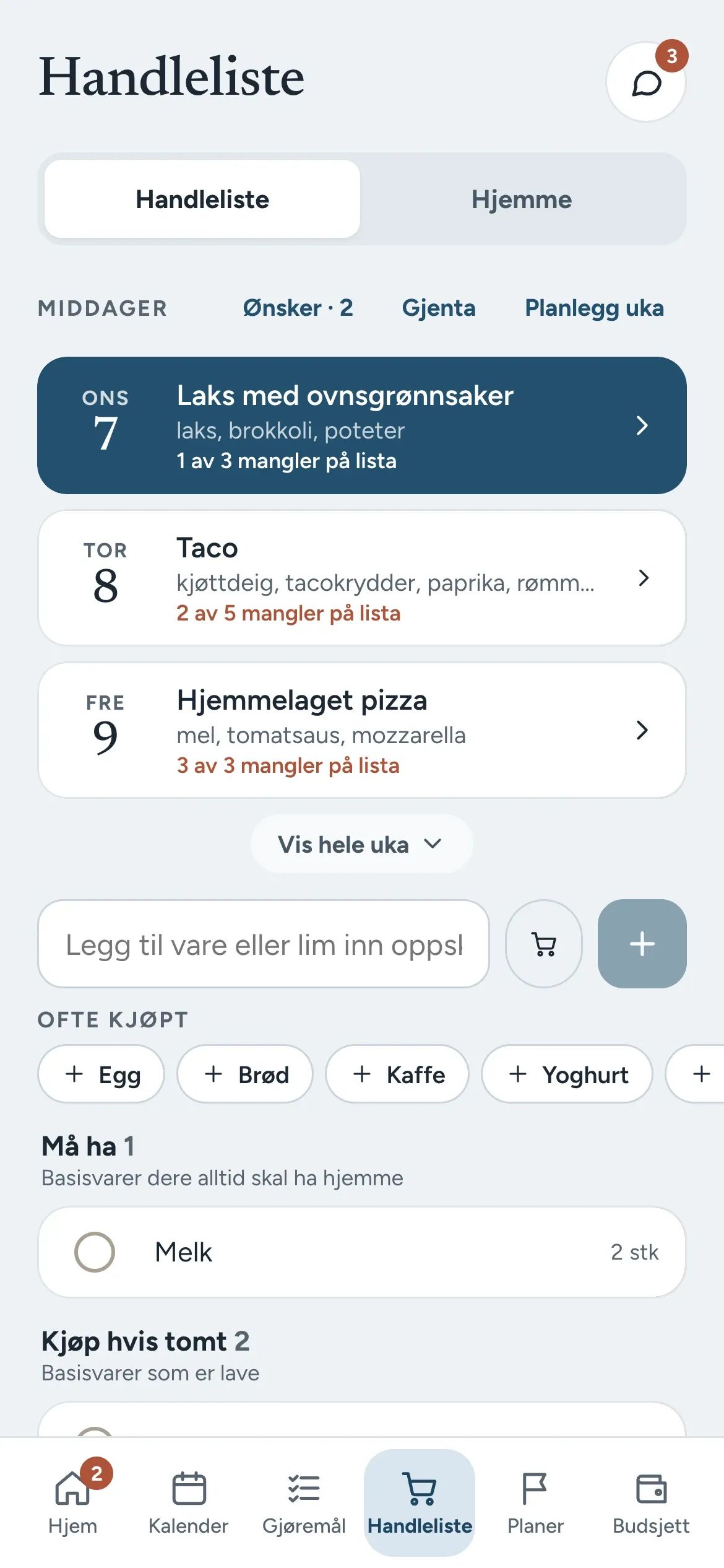 Stua på mobil: Handleliste med middager, varer og hele bunnmenyen synlig