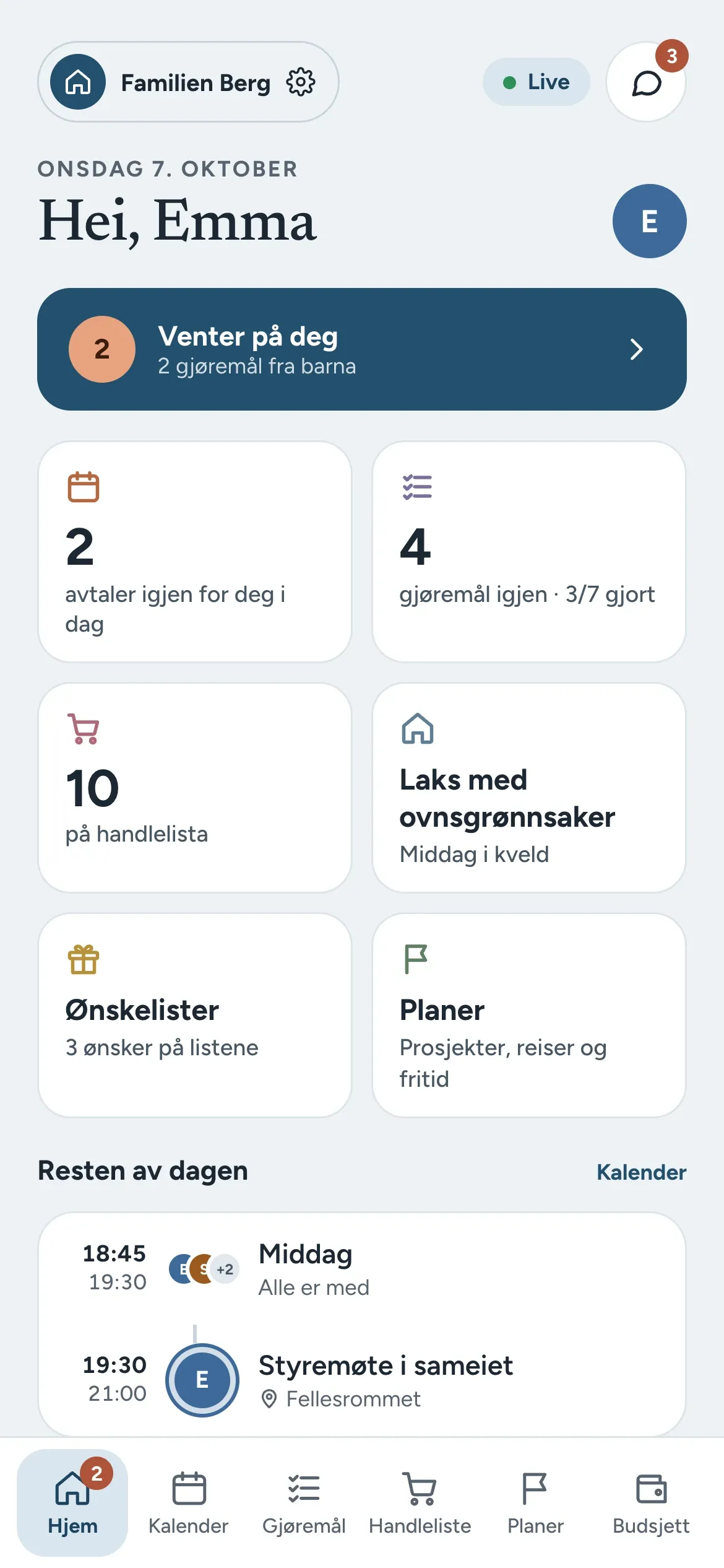 Stua på mobil: Hjem-skjermen med dagens avtaler, gjøremål og handleliste