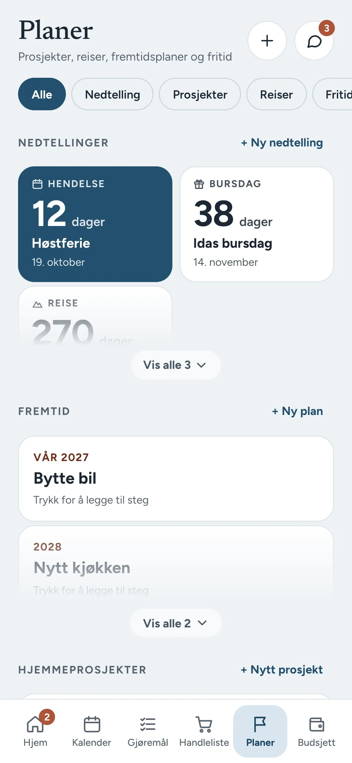 Stua på mobil: Planer med nedtellinger, prosjekter og hele bunnmenyen synlig