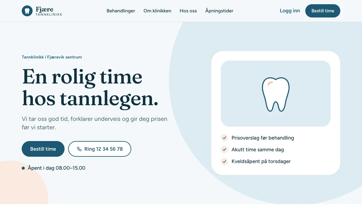 Forsiden til Fjære Tannklinikk med overskriften «En rolig time hos tannlegen»