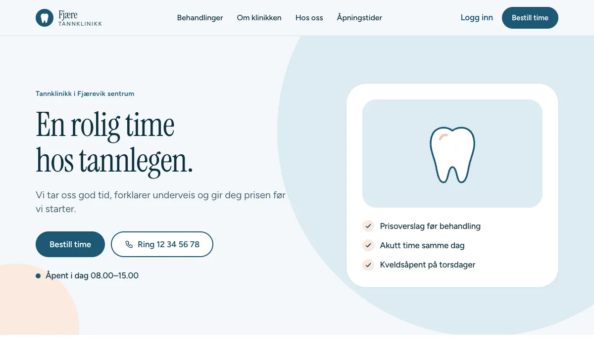 Forsiden til Fjære Tannklinikk med overskriften «En rolig time hos tannlegen»